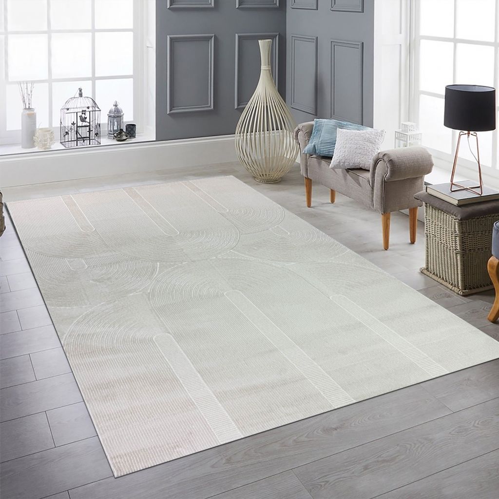 Recycle Wohnzimmerteppich Schlafzimmer mit modernen ovalen Formen liniert in beige Größe - 160 x 230 cm