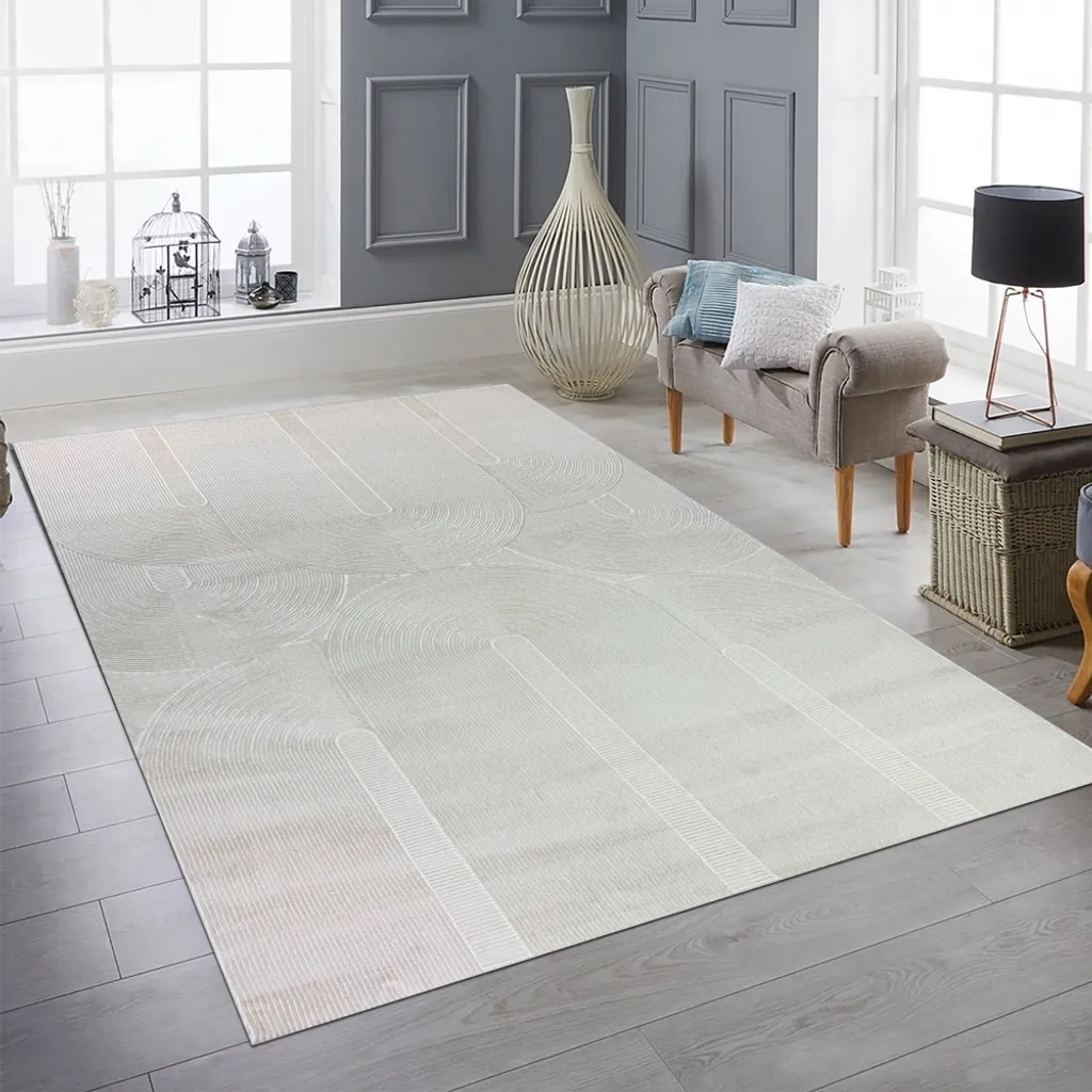 Tapis de salon beige 80x150 cm motifs ovales modernes collection Recycle