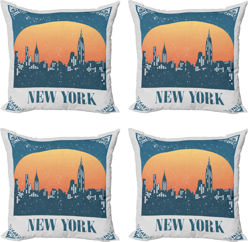 ABAKUHAUS NYC Szene Kissenbezug Set (4 Stück), New York City bei Sonnenuntergang, Moderner Doppelseitiger Digitaldruck, 45 cm x 45 cm, Petrol Blau...