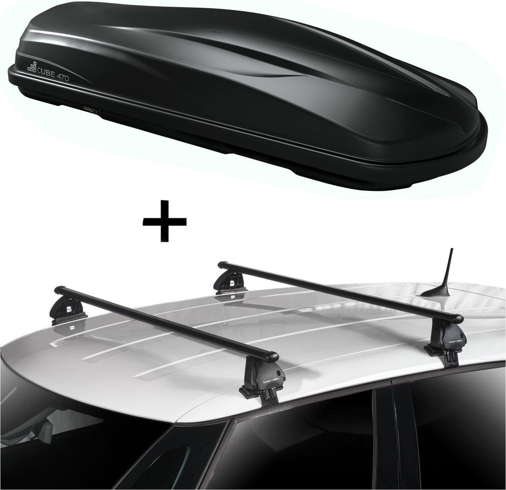 Dachbox CUBE470 470 Liter schwarz glänzend + Dachträger VDP EVO Stahl kompatibel mit für Audi A4 (B6) 4 Türer 2000-2004