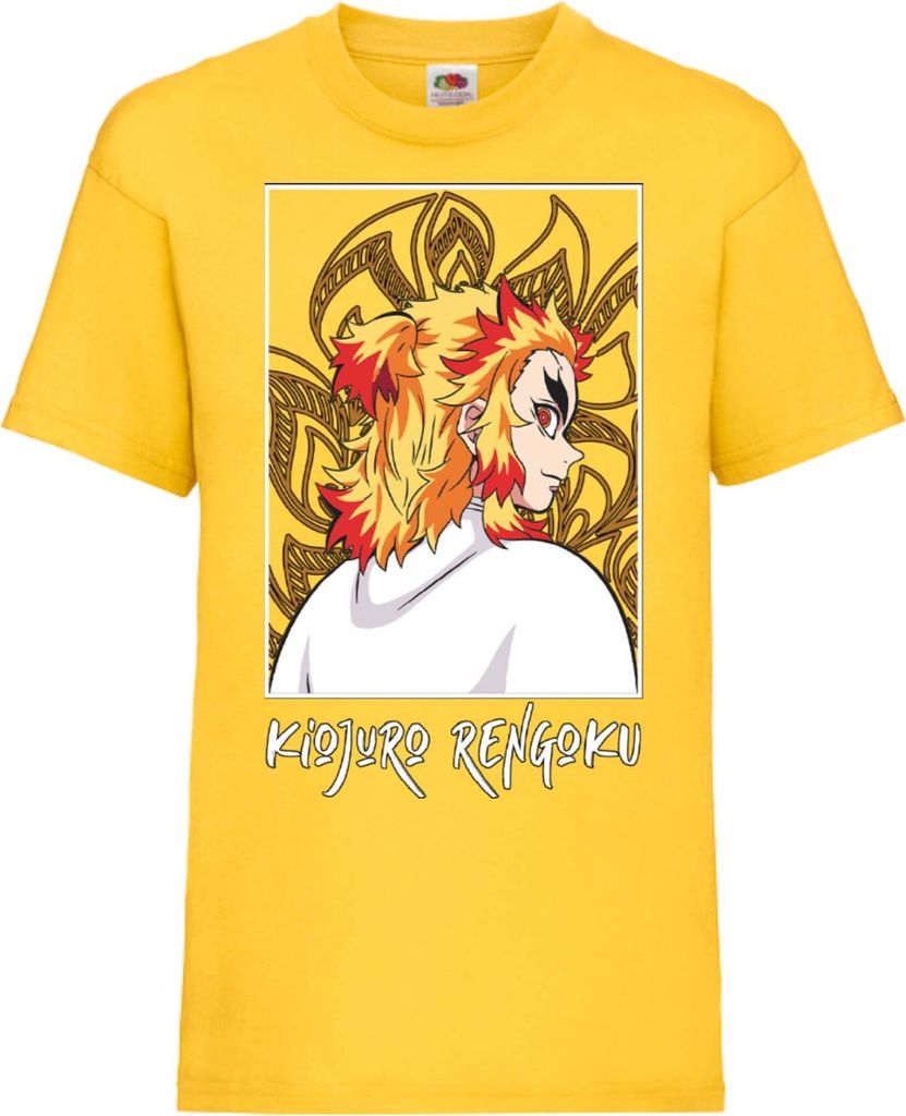 Kinder T-Shirt Demon Anime Slayer Kyojuro Rengoku 03 Scorching Sun, 9-11 Jahr - 140 / Gelb