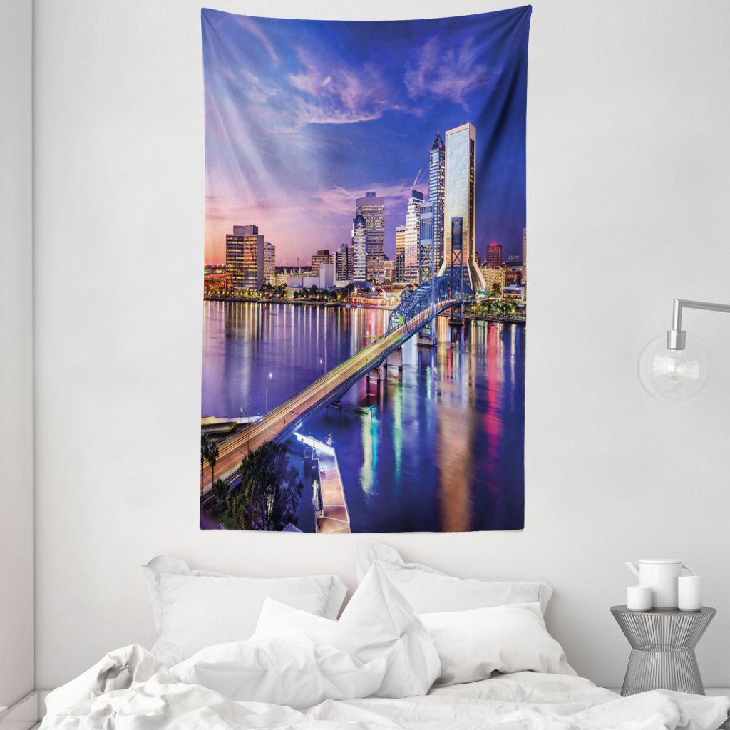 ABAKUHAUS Vereinigte Staaten Wandteppich und Tagesdecke, Jacksonville-Stadt aus Weiches Mikrofaser Stoff Waschbar ohne Verblassen Digitaldruck, 140...