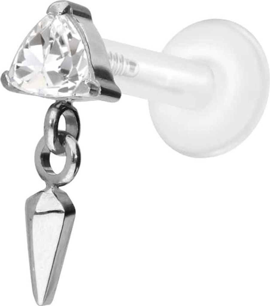 Ohrpiercing, Nasenpiercing PTFE Labret mit Innengewinde + Titan-Aufsatz KRISTALLDREIECK + SPITZE Silber Stablänge: 7mm | Stabstärke: 1,6mm