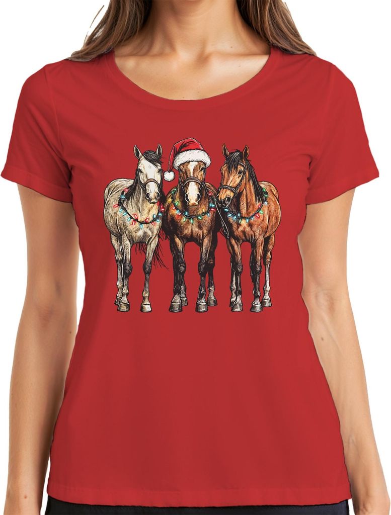 Weihnachtspferde Lichterkette Santa Hut Pferdeliebhaber Western Damen T-Shirt, Rot, XXL