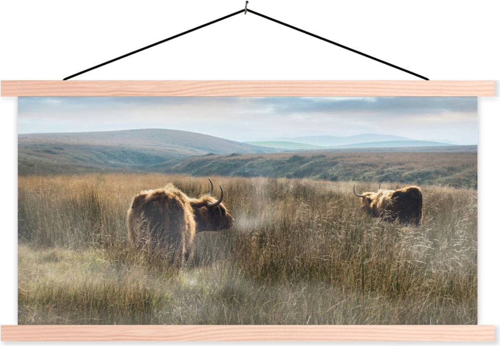 MuchoWow Textilposter Schottische Hochlandrind - Nebel - Gras 120x60 cm mit holzfarbenen Rahmen - Klemmleiste
