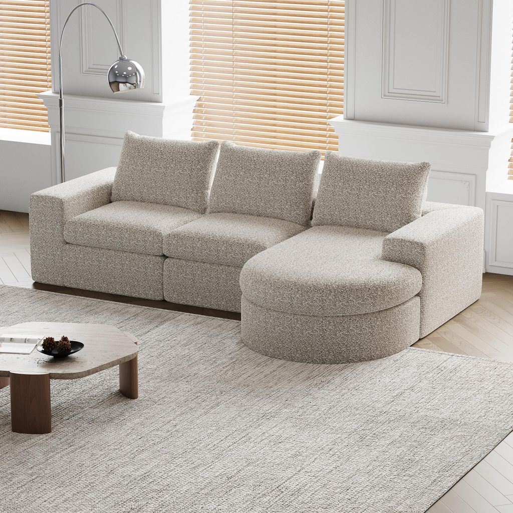 Chenille-Sofa mit gebogenen Elementen und Liegestuhl, vollständig komprimiert und ohne Gestell, modulares Kombinationssofa L-Liegestuhl, Schaumsto...