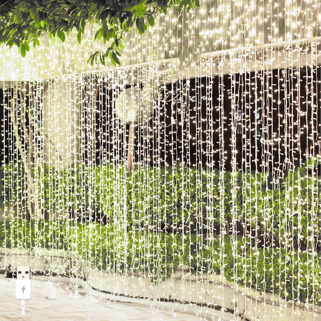 2x2M Lichtervorhang Kaltweiß 192 LED Lichterkette Innen Außen, USB Lichterketten Vorhang für Weihnachten Hochzeit Party Fenster Wand Balkon Deko