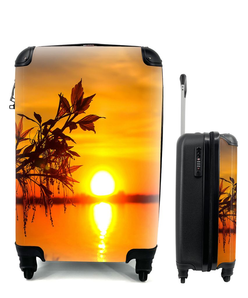 MuchoWow Koffer Handgepäck Trolley Rollkoffer Kleine Reisekoffer mit 4 Rollen - Sonnenuntergang - Wasser - Pflanzen - Orange - Cabin Size < 55x4...