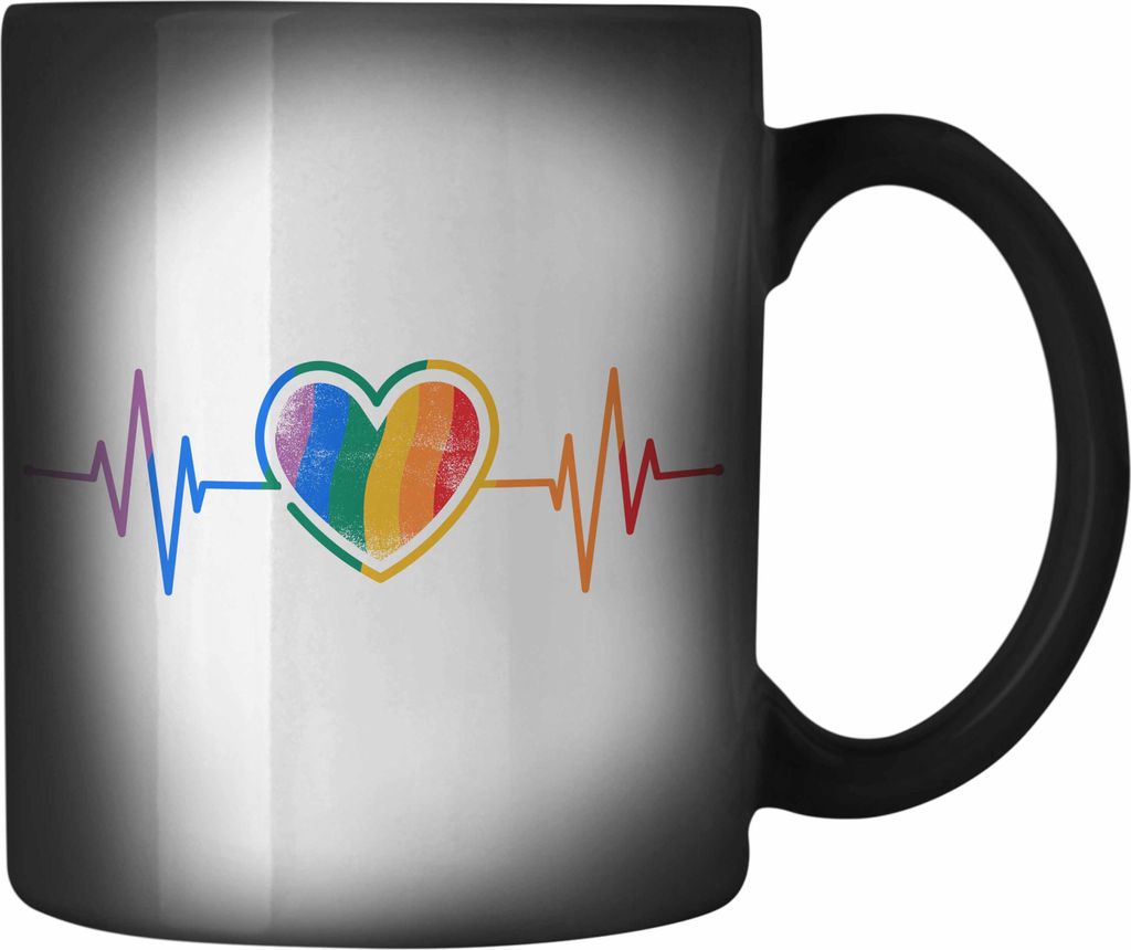 Trendation - LGBT Farbwechsel Zauber-Tasse Geschenk für Schwule Lesben Transgender Regenbogen Herzschlag Lustige Grafik (Schwarz)