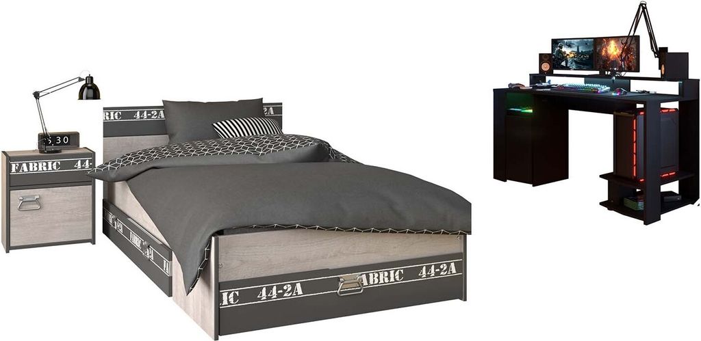 Parisot Fabric 22 – Jugendzimmer 3-tlg. Set: Bett, Gamingtisch, Nachttisch Grau
