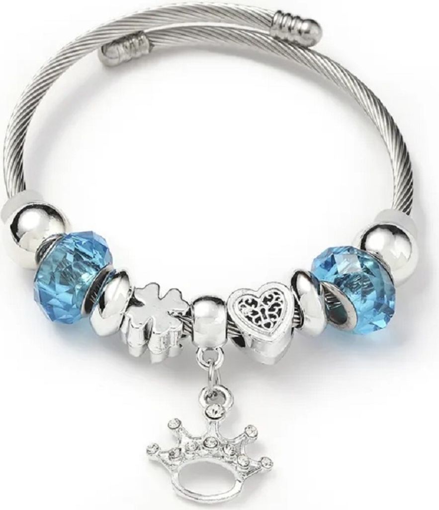 Charm-Armband mit blauen Kunststoffperlen & 10 Symbolanhängern – Edelstahl – wechselbare Designs Krone
