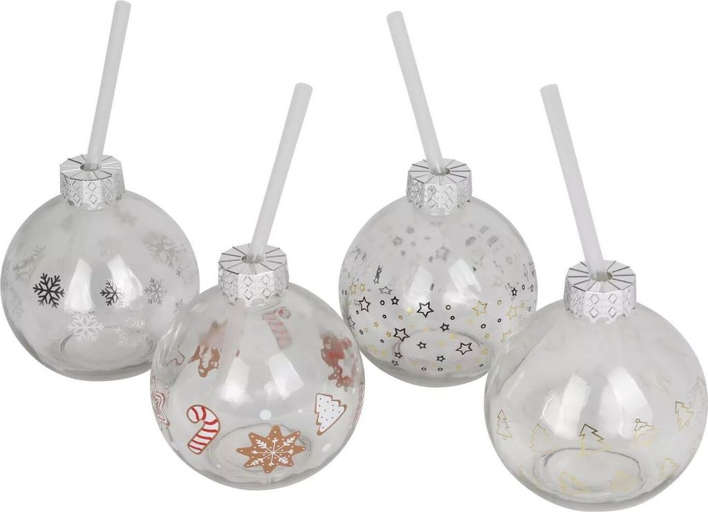 BURI Trinkglas Christbaumkugel 400ml Strohhalm Weihnachten Winter Advent