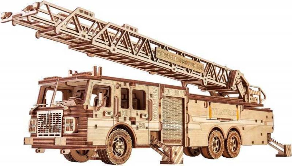 A wooden model of a fire truck with an extended ladder, displayed against a white background.