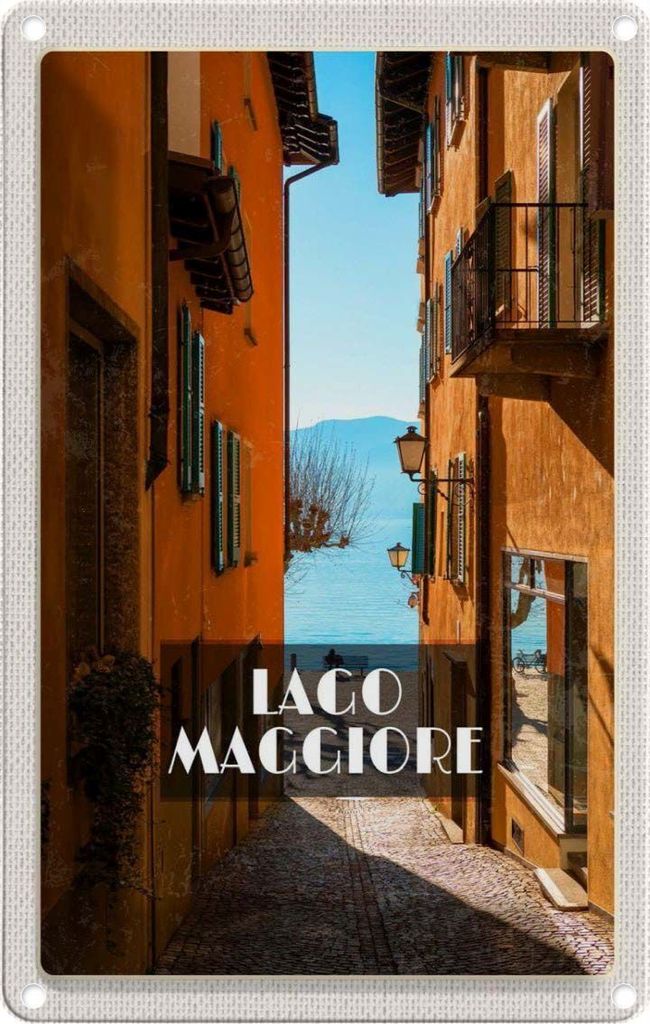 vianmo Blechschild 30x20 cm Lago Maggiore Straße Häuser Gemälde Bildmotiv Reisemotiv Abenteuer Reisen Urlaub