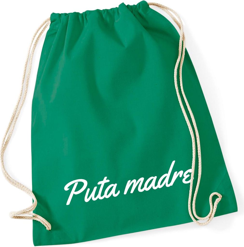 Huuraa Turnbeutel Puta madre spanisch Schriftzug 12 Liter Kelly Green Baumwolle Rucksack Geschenkidee