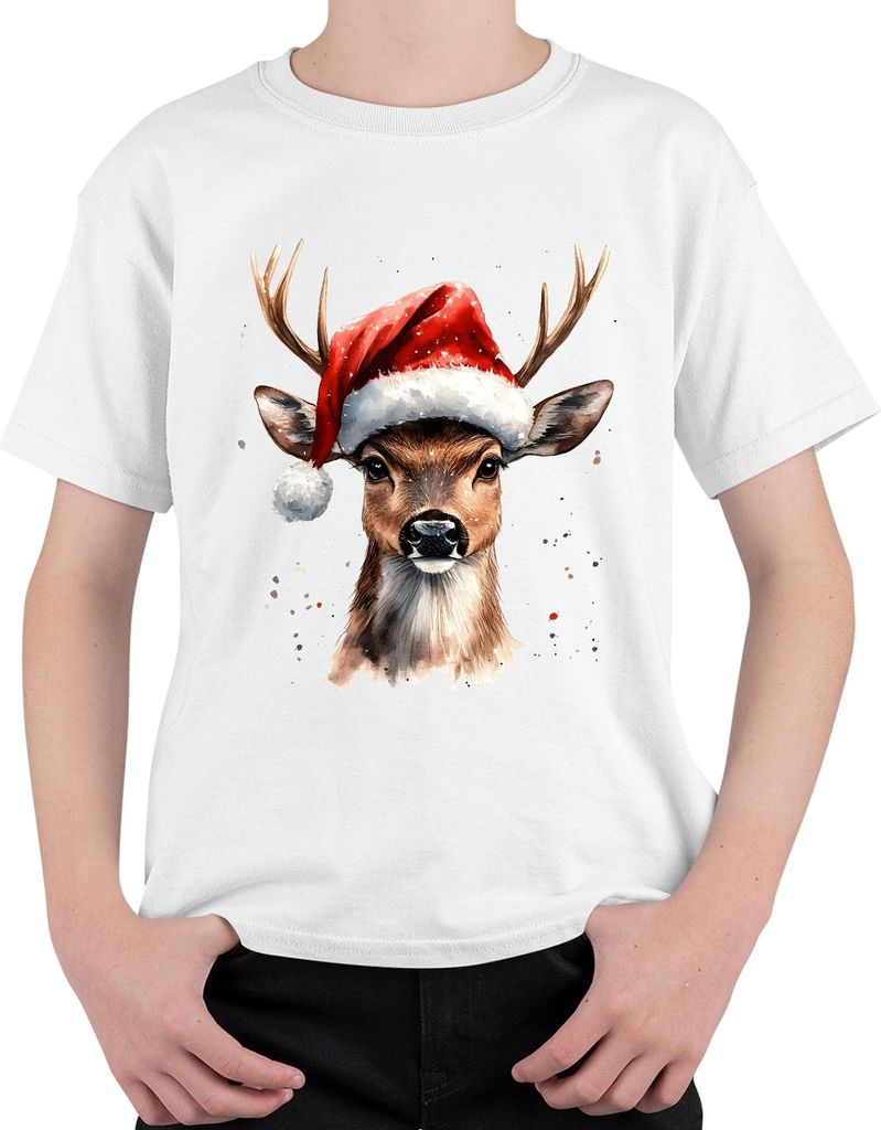 Weihnachtsrentier Aquarell Nikolaushut Geschenk Vintage lustig Uni Kinder T-Shirt, Weiß, 152