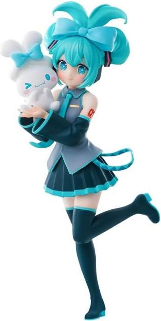 A figurine of Hatsune Miku holding a Cinnamoroll plush toy, presented against a white background.