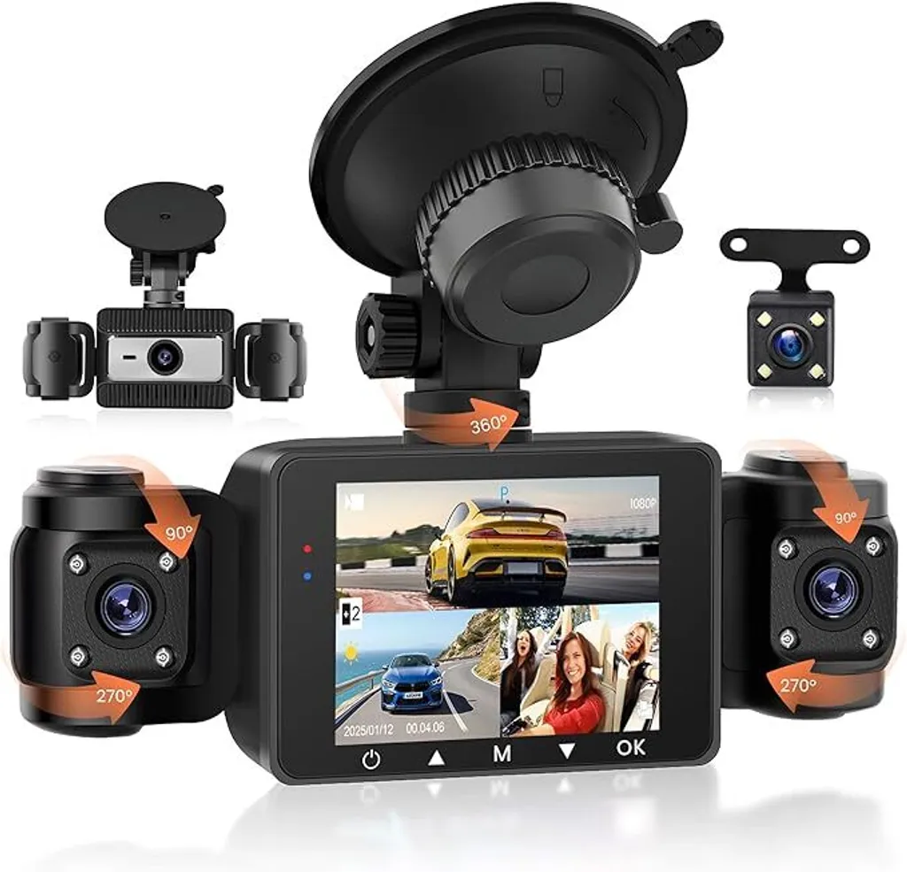 Dashcam Voiture 4 Canaux 360° FHD 1080P avec Vision Nocturne Infrarouge