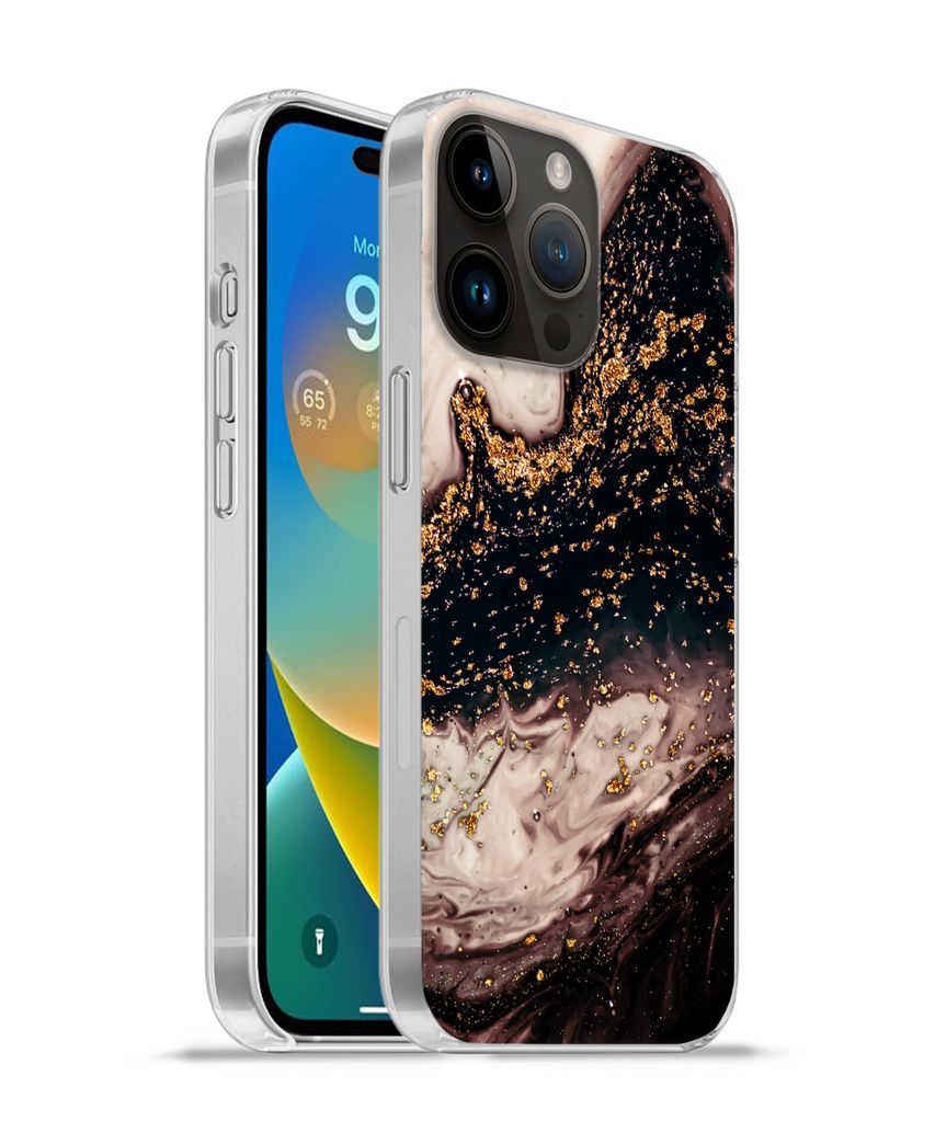 MuchoWow Handyhülle Schutzhülle Hülle für Apple iPhone 14 Pro - Softcase Naturstein - Gold - Schwarz Silikon Softcase Handy Hülle - Umschlag