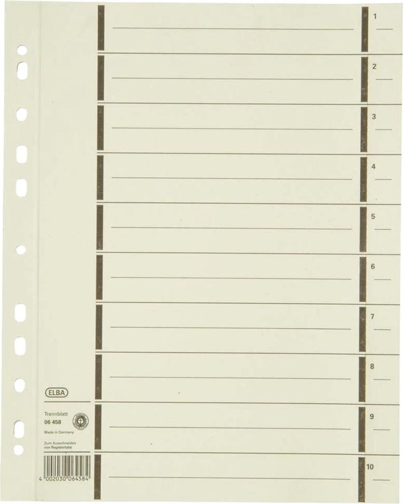ELBA Trennblätter mit Perforation, DIN A4 Überbreite aus Kraftkarton, 200 g/qm, schwarzer Linienaufdruck 1-10