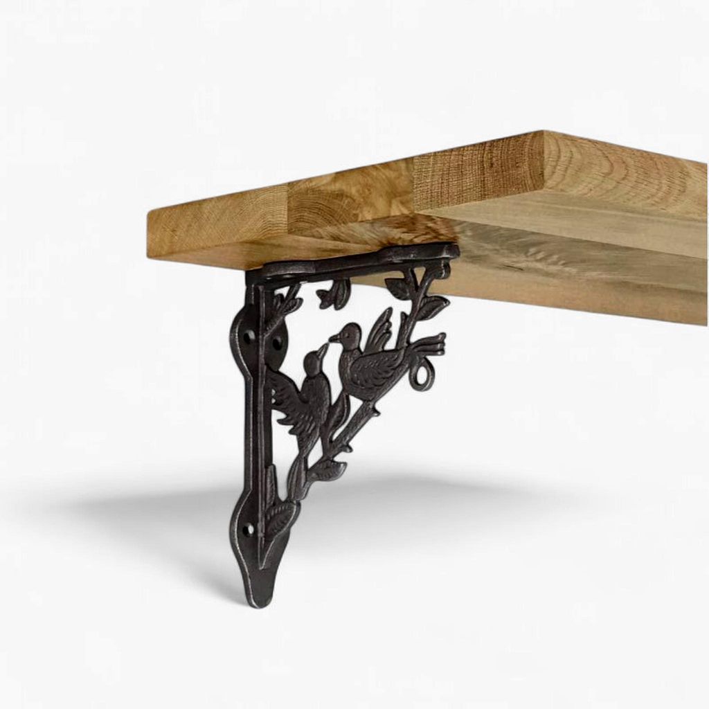 Regalwinkel Wandwinkel Stahlguss 180×220 mm – 2 Stück, Zwei-Vögel-Motiv, inkl. Fischer-Schrauben & Dübel - Rustic Regalträger Halter