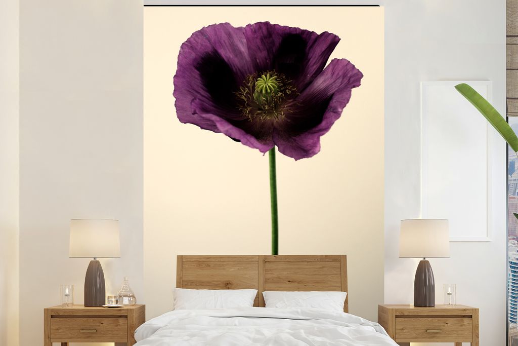 MuchoWow Fototapete für Wohnzimmer oder Schlafzimmer Wandtapete Vinyl Motivtapete Nahaufnahme eines violetten Mohns - 200x300 cm - Wanddekorationen