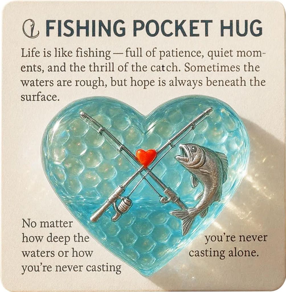 Herzförmiges Erinnerungsstück aus Treibglas mit Angelruten- und Fischmotiv – ein inspirierendes Andenken für Angler und Väter.