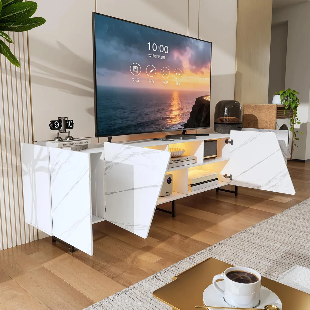 Banc TV blanc avec plateau effet marbre et 4 grands compartiments - 3