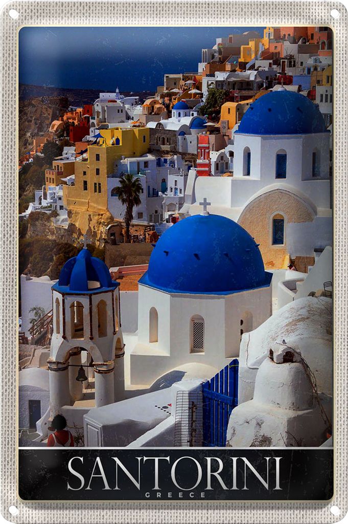 Blechschild Reise 40x30cm Santorini Griechenland Häuser weiss