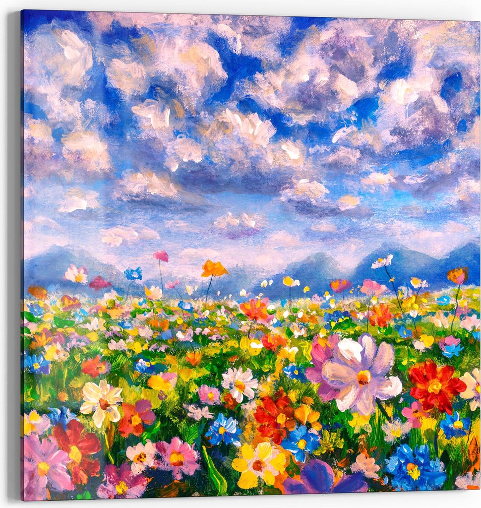DEQORI Glasbild Echtglas 50x50 cm 'Blumenwiese und Berge' Wandbild Bild modern Deko