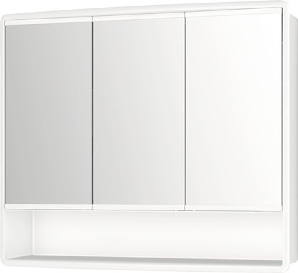 A white bathroom cabinet with three mirrored doors and a shelf below.