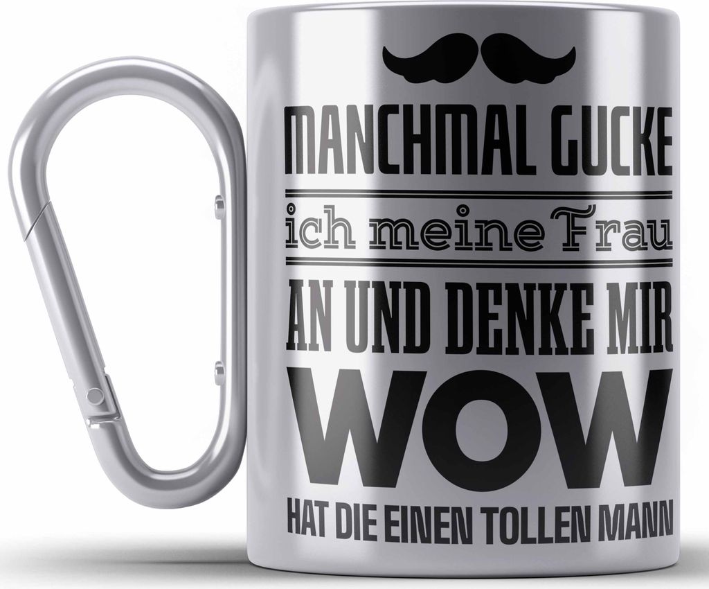 Trendation - Ehefrau Ehemann Edelstahl Tasse Karabiner mit Spruch Lustiges Geschenk Frau Männer Toller Mann (Silber)