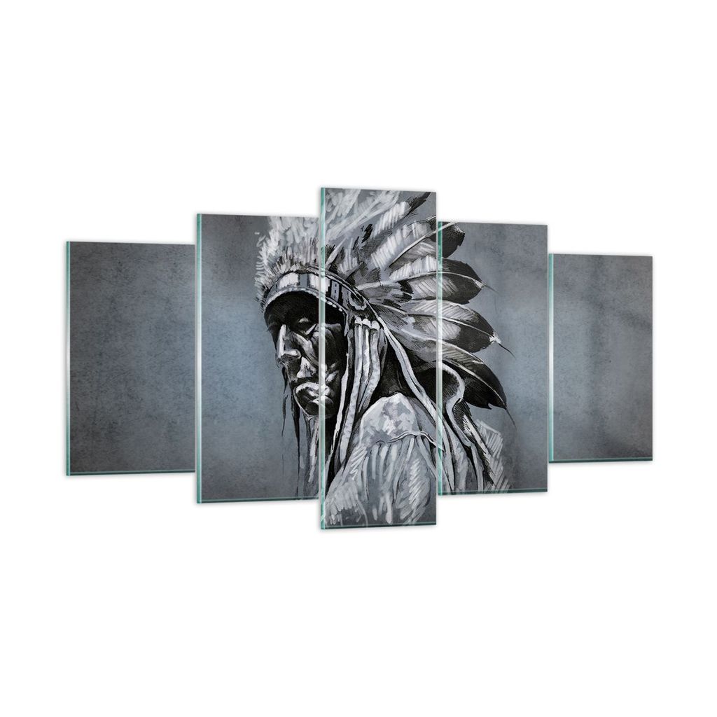 Bilder auf glas - 5 Teile - Inder Feder Mann - 160x85cm - Glasbilder - Wandbilder - Bilder - zum Aufhängen bereit - Wanddekoration aus Glas - Glas...