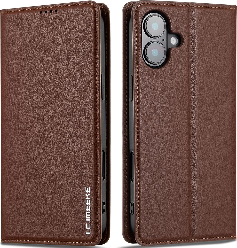 Handyhülle für iPhone 16, Magnetische Flip Leder Hülle mit Kartenfach und Standfunktion Braun
