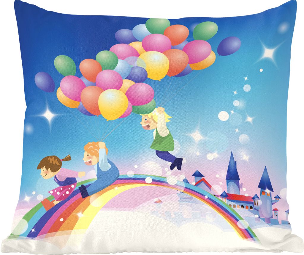 MuchoWow Zierkissen Sofakissen Wohnzimmer Dekokissen 40x40 cm Eine Illustration eines Mädchens mit Luftballons in Regenbogenfarben - Foto Kissen...