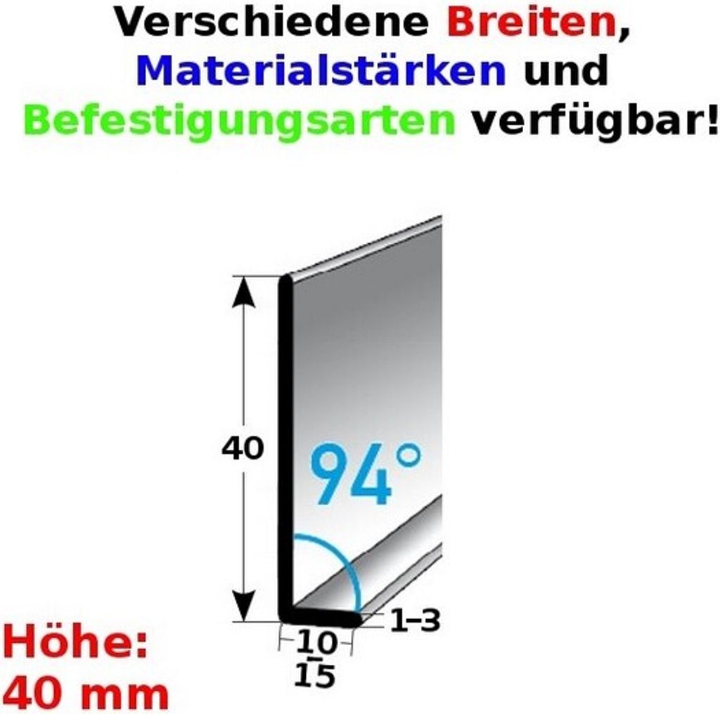 Sockelleiste | Edelstahl | Silber | Breite 10 mm | Höhe 40 mm | Länge 2500 mm | Materialstärke 1 mm | Gebohrt | Fußleiste | 1 Stück