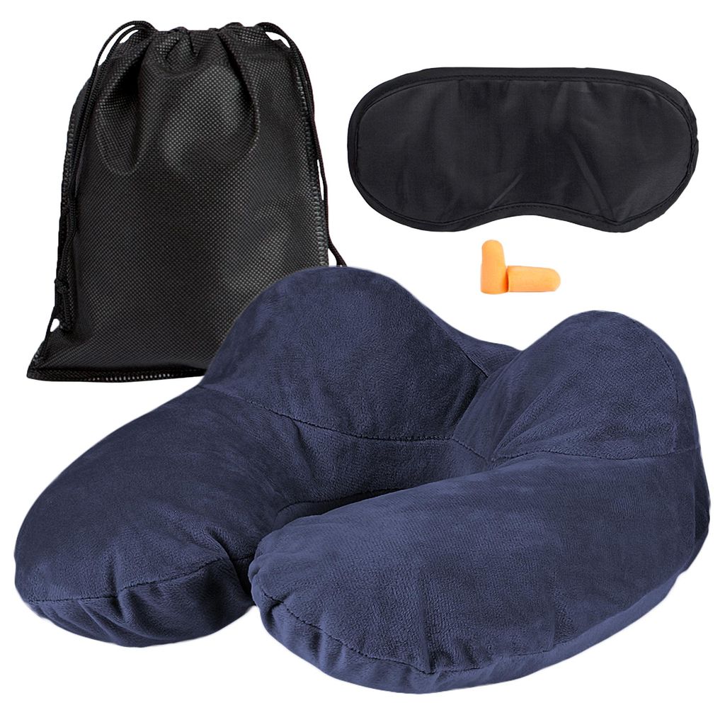 EAZY CASE ergonomisches Nackenkissen aufblasbar inklusive Schlafmaske Nackenhörnchen mit waschbarem Bezug in Dunkelblau