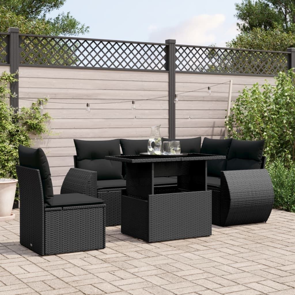 Möbel 6-tlg. Garten-Sofagarnitur mit Kissen Schwarz Poly Rattan - Loungegruppe 3268535