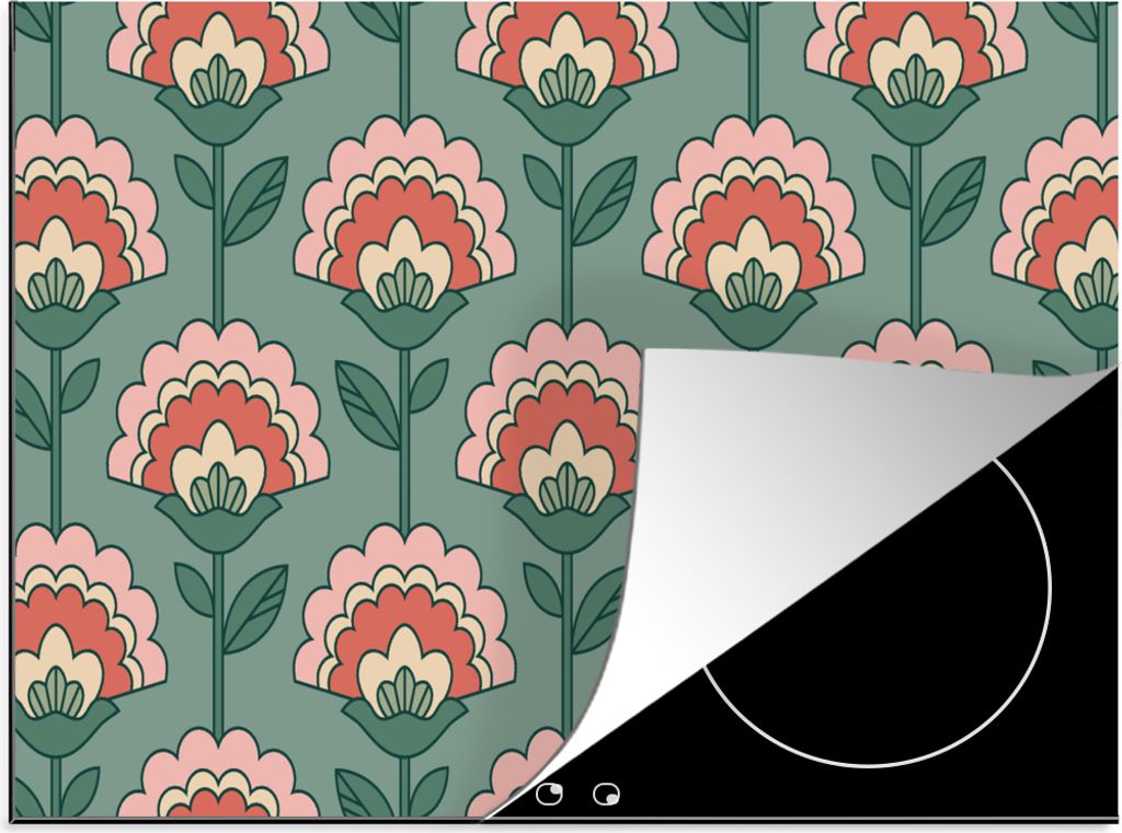 KitchenYeah Herdabdeckplatte Blumen - Retro - Muster , 75x52cm, Küche Deko, Glaskeramikkochfeld Herdabdeckung, Abdeckplatte fùr Kochfeld