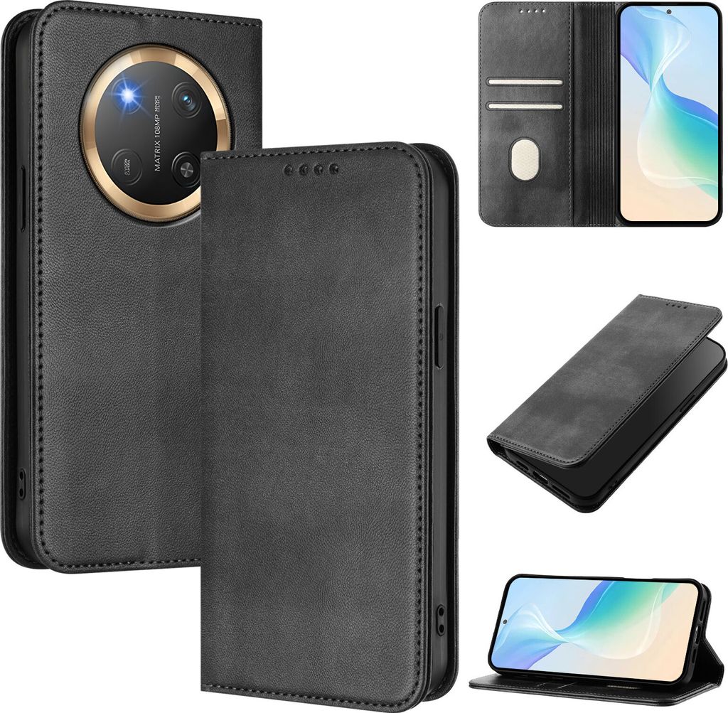 Handyhülle für Honor X9C/Magic7 Lite/Honor X60 Pro, Vintage Leder RFID Schutz Kartenfach Standfunktion Magnetische Klapphülle Schwarz