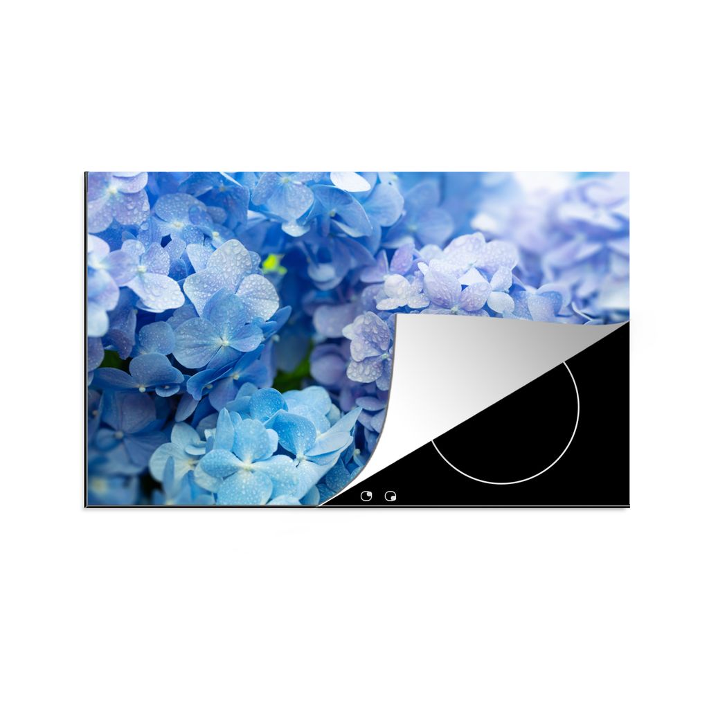 KitchenYeah Herdabdeckplatte Hortensie - Wassertropfen - Floral - Botanisch - Blau , 81x52cm, Küche Deko, Glaskeramikkochfeld Herdabdeckung, Abd...