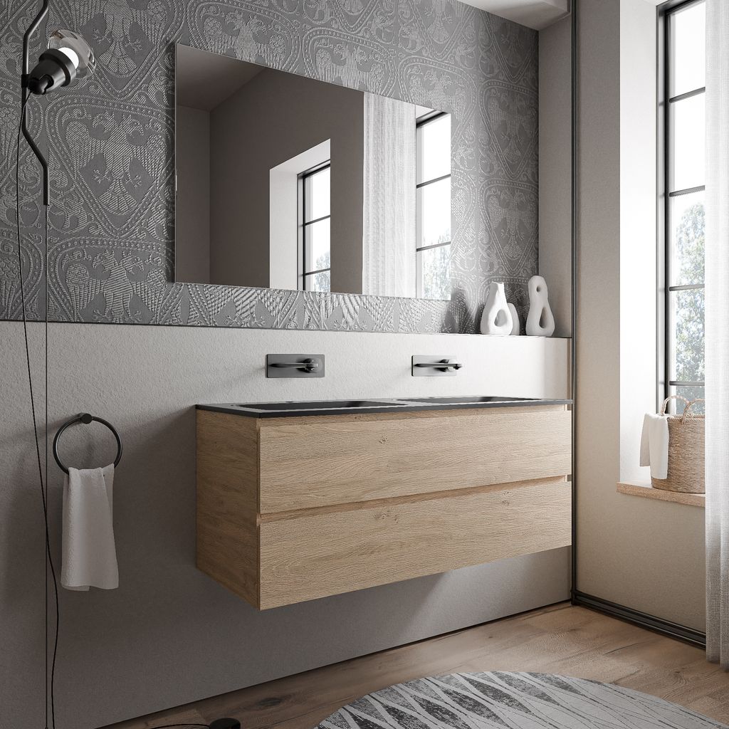 Unterschrank AVA 120 cm mit Mineralguss Waschbecken CREAM - Farbe wählbar, Auswahl Waschbecken:Schwarz matt ohne Hahnloch, Farbe Badmöbel:Eiche H...