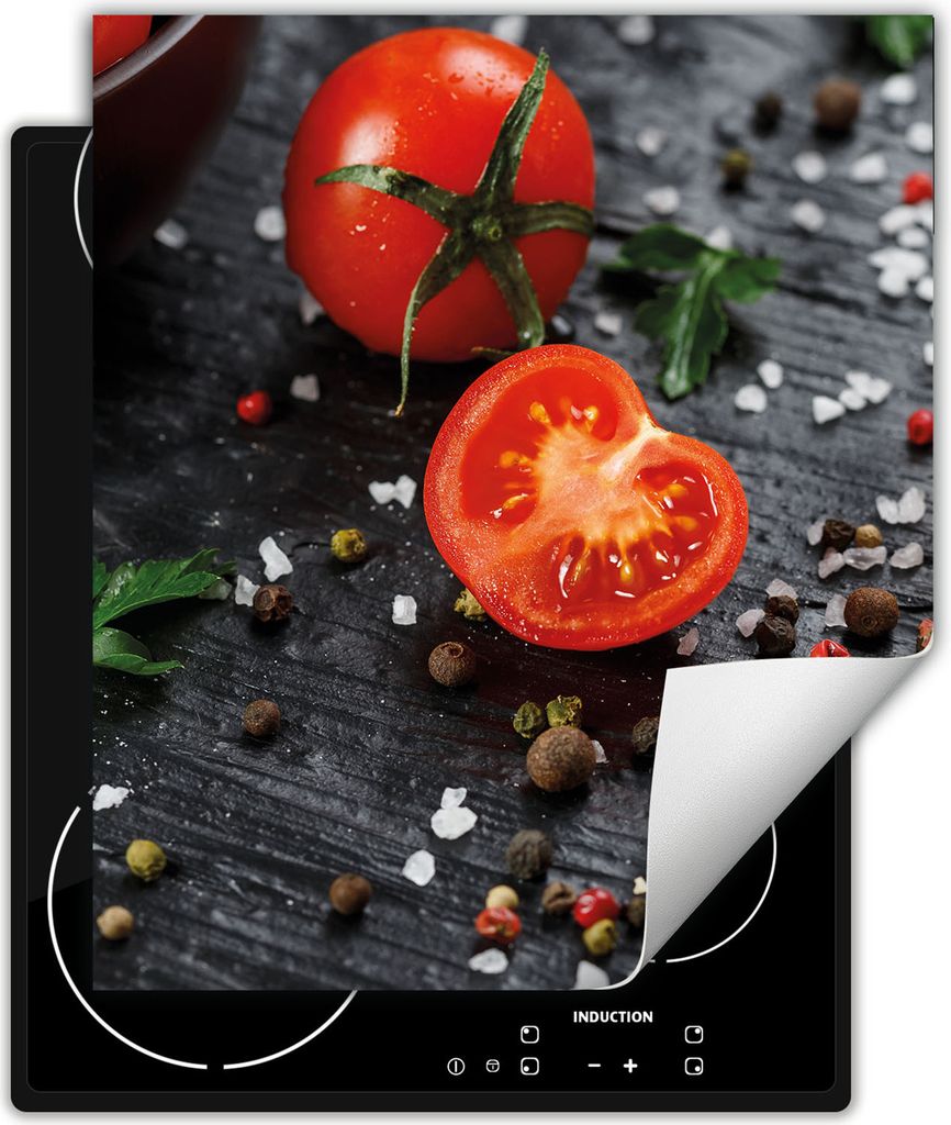 DarHaus Herdabdeckplatte 45x52 cm Anti Rutsch Matte Aufrollbar, Holz - Tomaten