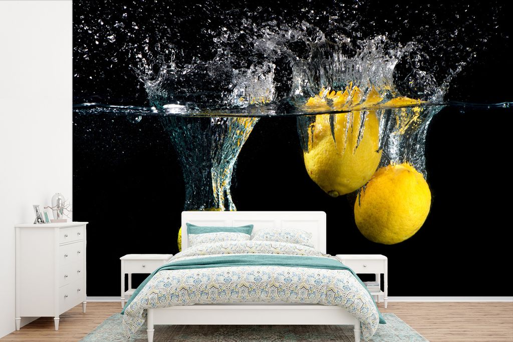 MuchoWow Fototapete für Wohnzimmer oder Schlafzimmer Wandtapete Vinyl Motivtapete Zitrone - Frucht - Stilleben - Wasser - Gelb - 600x400 cm - Vi...