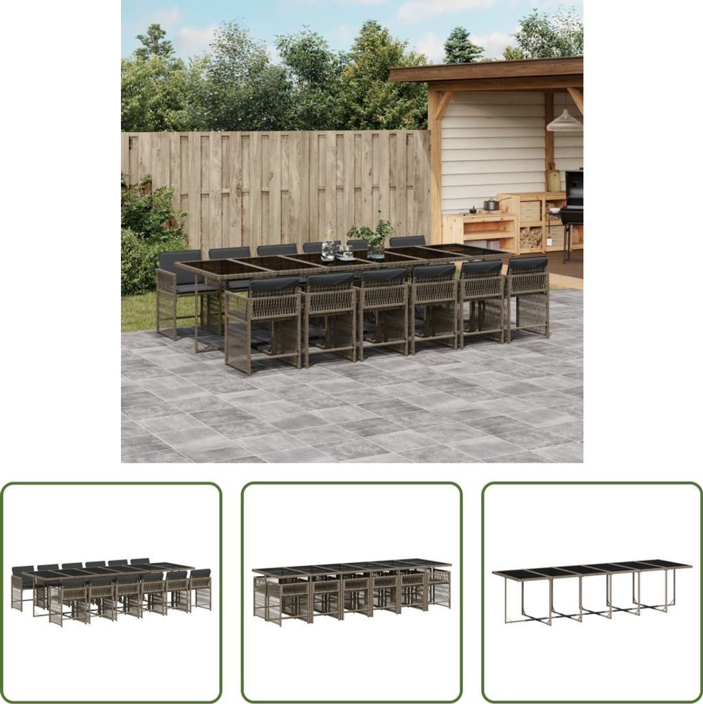 The Living Store 13-tlg. Garten-Essgruppe mit Kissen Grau Poly Rattan