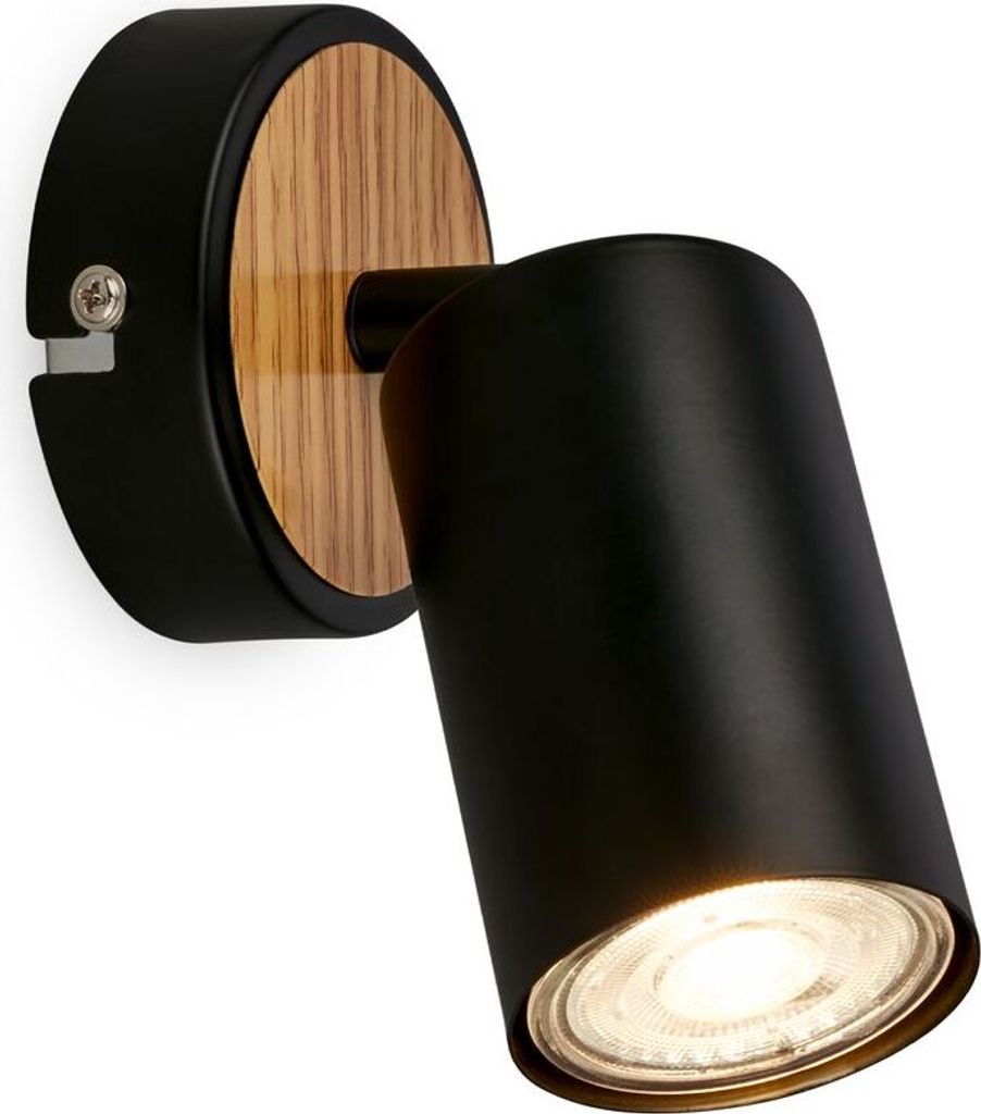 A black wall lamp with a wooden accent, mounted on a white background.