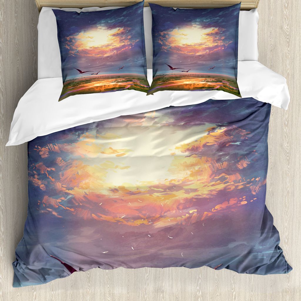 ABAKUHAUS Landschaft Bettbezugs Set Für Doppelbetten, Strahlende Sonnenwolken, Milbensicher Allergiker geeignet mit Kissenbezügen, Orange Blau