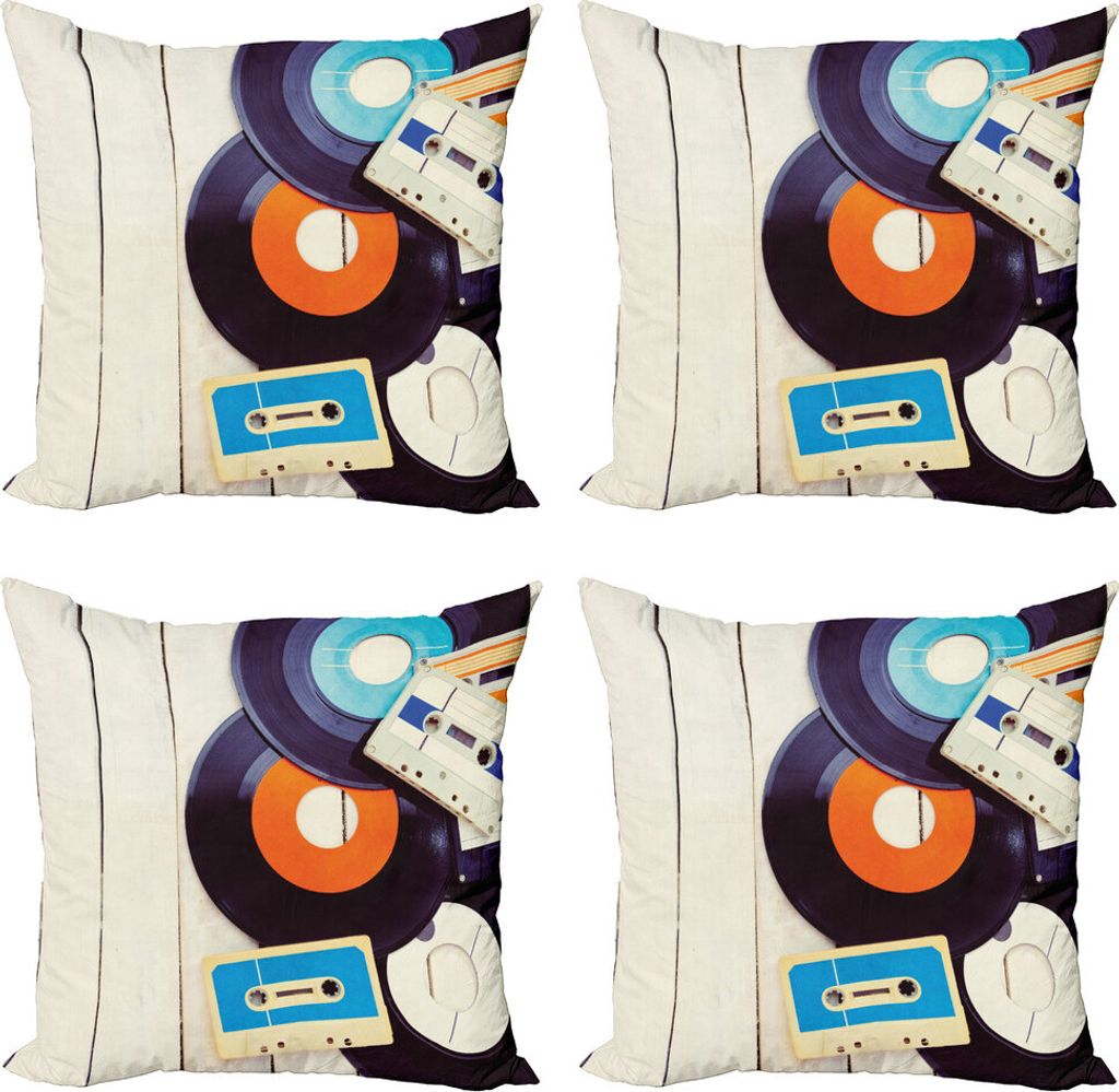 ABAKUHAUS Indie Kissenbezug Set (4 Stück), Schallplatten Audio, Moderner Doppelseitiger Digitaldruck, 40 cm x 40 cm, Blau Orange Schwarz