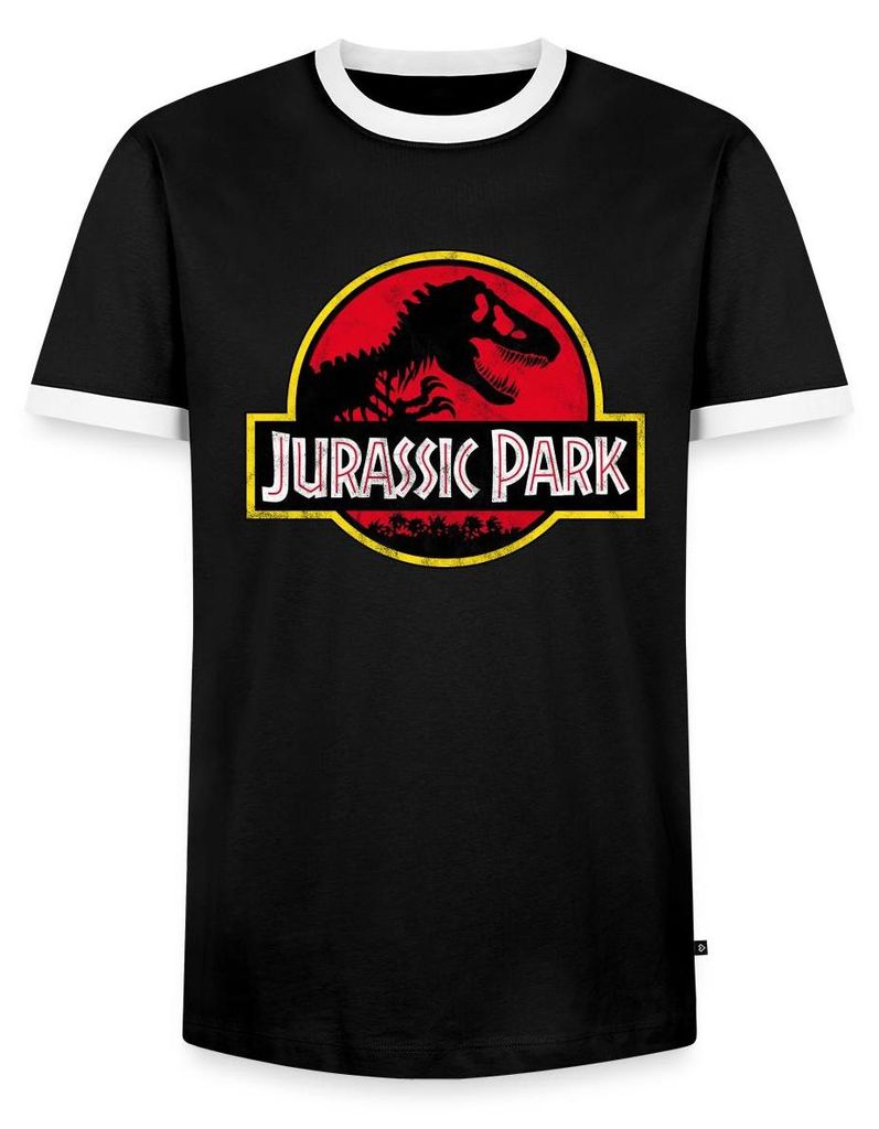 Spreadshirt Jurassic Park Klassisches Logo In Rot Mit T-Rex Männer Kontrast T-Shirt, XXL, Schwarz/Weiß