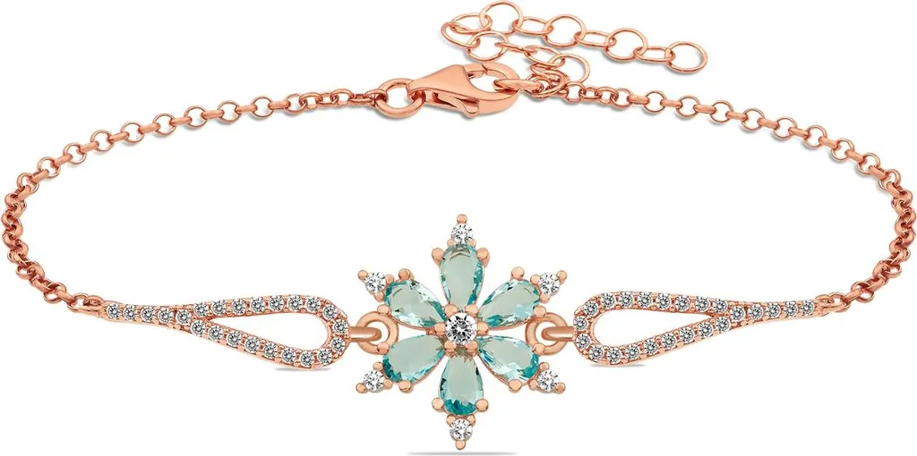 Bracelet fleur bleu aigue-marine en argent 925 rhodié pour poignet